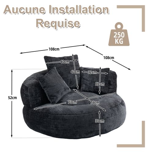 Fauteuil Poire 1 Place Avec Haut Dossier Et 3 Coussins, Mousse Haute Densité, Chenille Noir