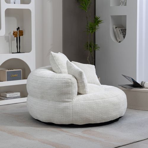 Fauteuil Pouf Lounge 1 Place Avec Haut Dossier Et 3 Coussins, Mousse Haute Densité, Chenille Beige