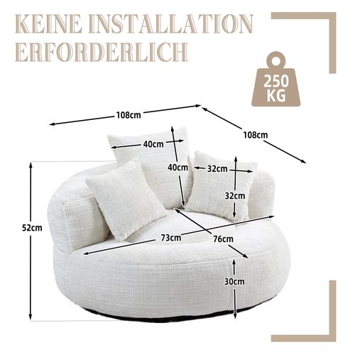 Fauteuil Pouf Lounge 1 Place Avec Haut Dossier Et 3 Coussins, Mousse Haute Densité, Chenille Beige