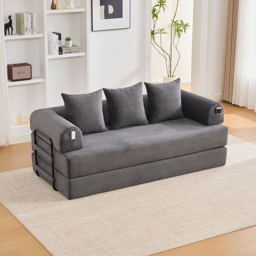 Canapé Convertible 3 Places Avec 3 Coussins Et Poche Latérale - Velours Côtelé Gris Foncé