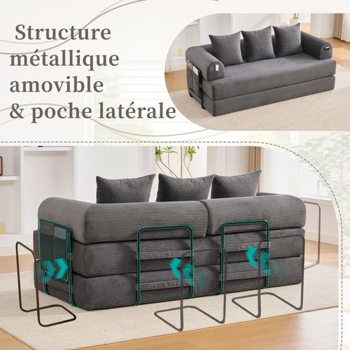 Canapé Convertible 3 Places Avec 3 Coussins Et Poche Latérale - Velours Côtelé Gris Foncé
