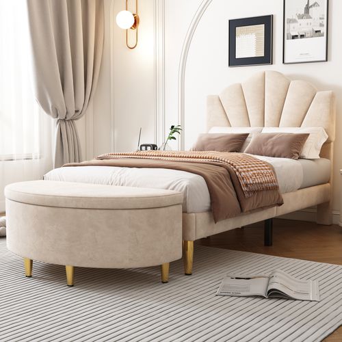 Banc De Rangement Moderne En Velours Capitonné – Assise Confortable, Pieds Dorés – Beige