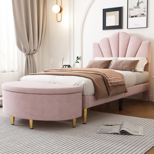 Banc De Rangement Moderne En Velours Capitonné – Assise Confortable, Pieds Dorés – Rose