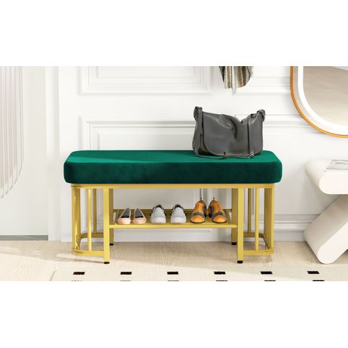 Banc à Chaussures En Velours, Pieds Réglables Et Cadre Métallique – Entrée Compacte, Vert
