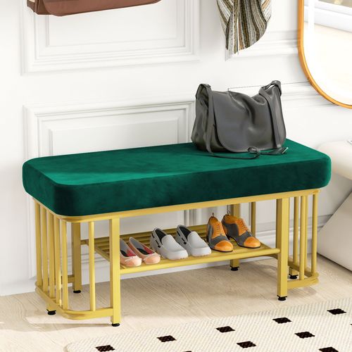 Banc à Chaussures En Velours, Pieds Réglables Et Cadre Métallique – Entrée Compacte, Vert