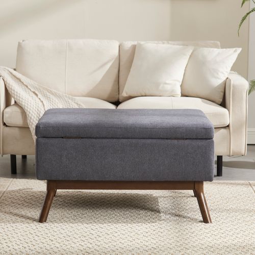 Pouf De Rangement Multifonction En Mousse Et Pu Avec Coussin Et Pieds Bois - Gris Foncé