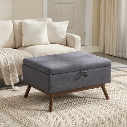 Pouf De Rangement Multifonction En Mousse Et Pu Avec Coussin Et Pieds Bois - Gris Foncé