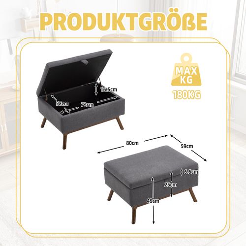 Pouf De Rangement Multifonction En Mousse Et Pu Avec Coussin Et Pieds Bois - Gris Foncé