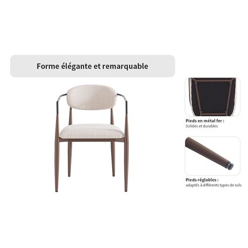 Lot De 4 Chaises Salle à Manger, Dossier Ergonomique, Pieds Réglables, Tissu Lin, Métal - Beige