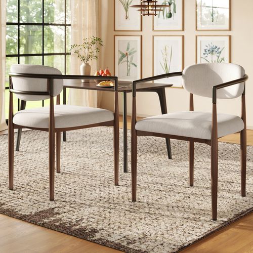 Lot De 2 Chaises Salle à Manger, Dossier Ergonomique, Pieds Réglables, Tissu Lin, Métal - Beige