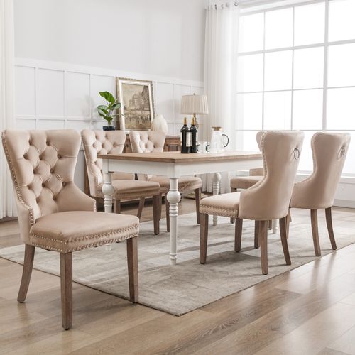 Lot De 6 Chaises Salle à Manger, Assise Velours, Clous Déco, Anneau Dos, Pieds Bois - Beige