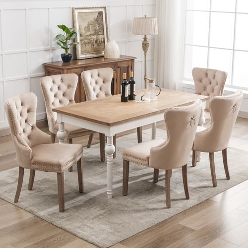 Lot De 6 Chaises Salle à Manger, Assise Velours, Clous Déco, Anneau Dos, Pieds Bois - Beige