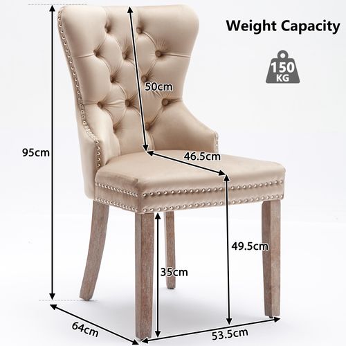 Lot De 6 Chaises Salle à Manger, Assise Velours, Clous Déco, Anneau Dos, Pieds Bois - Beige