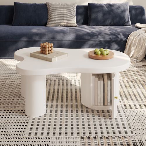 Table Basse Avec Rangement Blanc, Forme Asymétrique, En Mdf, 100 X 60 X 37 Cm - Blanc
