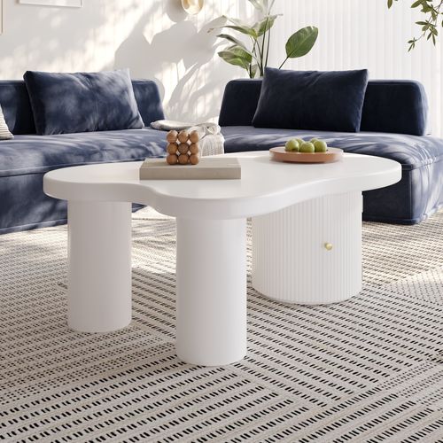 Table Basse Avec Rangement Blanc, Forme Asymétrique, En Mdf, 100 X 60 X 37 Cm - Blanc