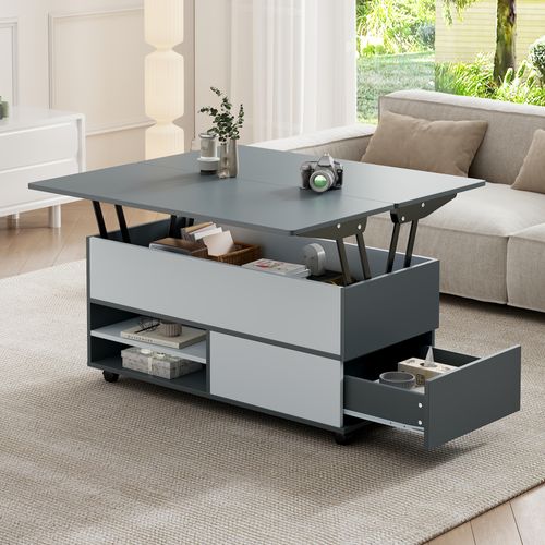 Table Basse 1 Armoire, 1 Tiroir, Rangement Semi-ouvert, Panneau De Particules, Gris Et Blanc