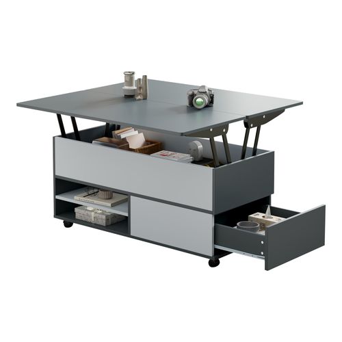 Table Basse 1 Armoire, 1 Tiroir, Rangement Semi-ouvert, Panneau De Particules, Gris Et Blanc