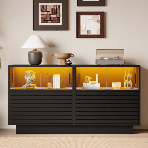 Buffet Salon LED Télécommandé, 4 Placards, Portes Verre, Particules+verre Trempé, Noir