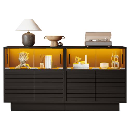 Buffet Salon LED Télécommandé, 4 Placards, Portes Verre, Particules+verre Trempé, Noir