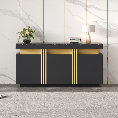 Buffet Rangement 3 Placards, 6 Niches, Panneau Particules, 140x38x70 Cm, Noir Marbre Platine