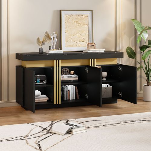 Buffet Rangement 3 Placards, 6 Niches, Panneau Particules, 140x38x70 Cm, Noir Marbre Platine