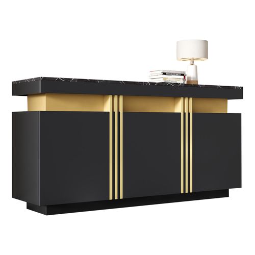 Buffet Rangement 3 Placards, 6 Niches, Panneau Particules, 140x38x70 Cm, Noir Marbre Platine