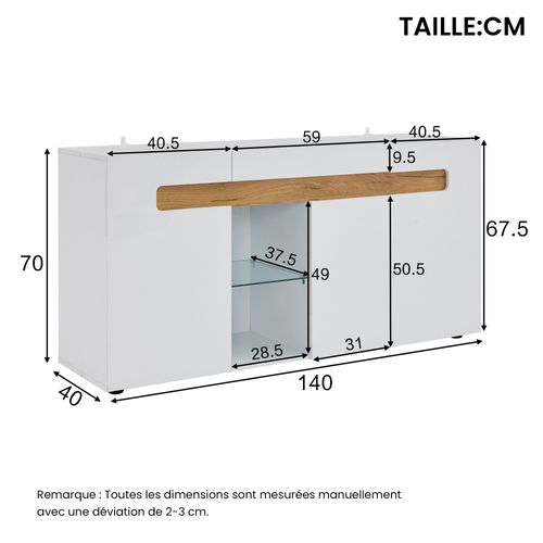 Buffet Rangement 3 Placards Avec LED Application, Panneau Particules, 140x40x70 Cm, Blanc Et Bois
