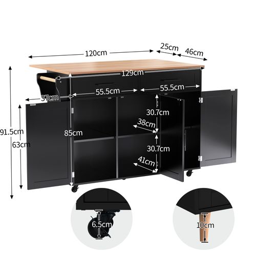Desserte Îlot De Cuisine Roulante Avec Plateau Pliant Et Tiroir De Rangement, Mdf, Noir