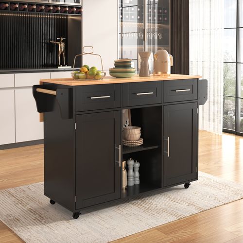 Desserte Îlot De Cuisine Plateau Pliant Avec Rangement Fonctionnel, Style Moderne, Mdf, Noir