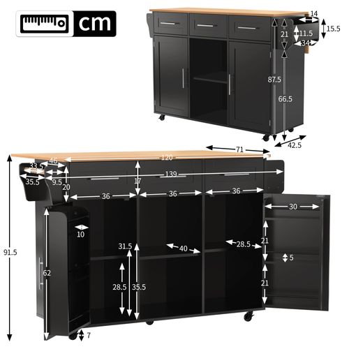 Desserte Îlot De Cuisine Plateau Pliant Avec Rangement Fonctionnel, Style Moderne, Mdf, Noir