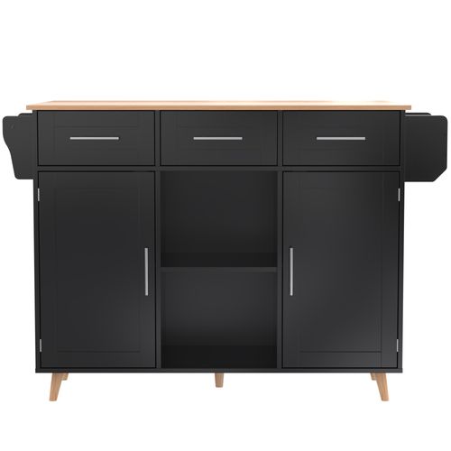 Desserte Îlot De Cuisine Plateau Pliant Avec Rangement Fonctionnel, Style Moderne, Mdf, Noir