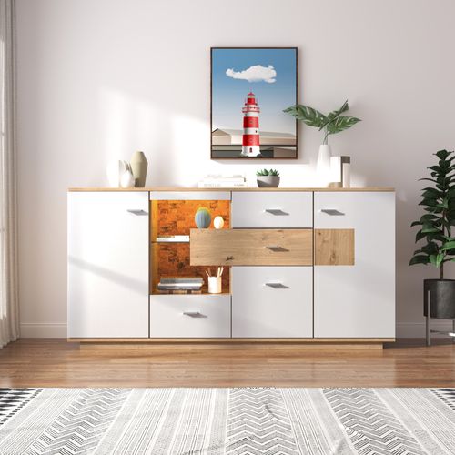 Buffet Salon Portes Et Tiroirs, Étagère Verre, LED, 160x40x77 Cm, Naturel Et Blanc