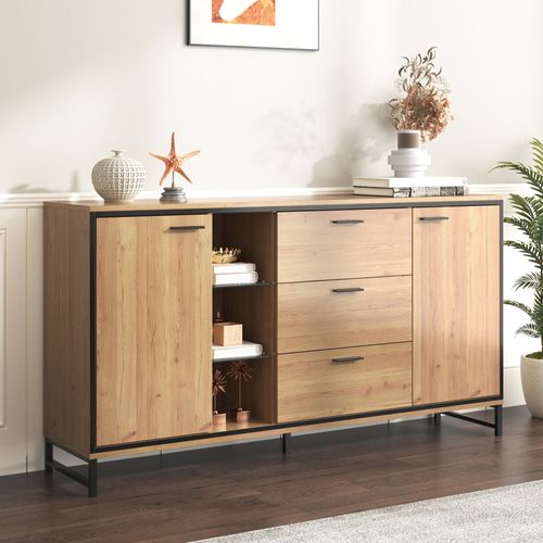 Buffet Salon 3 Tiroirs Et 2 Portes, Grain De Bois, LED, 160x40x85 Cm, Noir Et Naturel