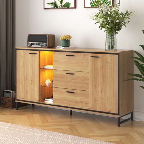 Buffet Salon 3 Tiroirs Et 2 Portes, Grain De Bois, LED, 160x40x85 Cm, Noir Et Naturel