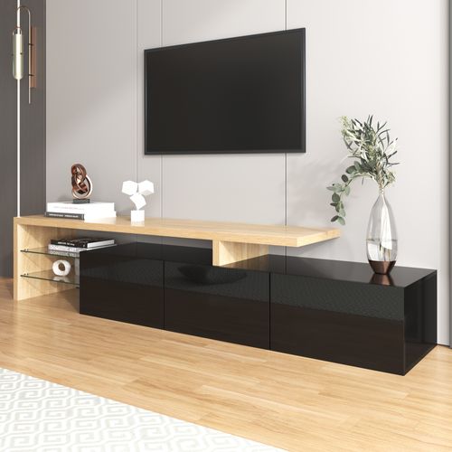 Meuble TV Avec Éclairage LED, 3 Portes Et Tablettes En Verre, Mdf E1, 197,5x39x42 Cm, Noir Et Bois