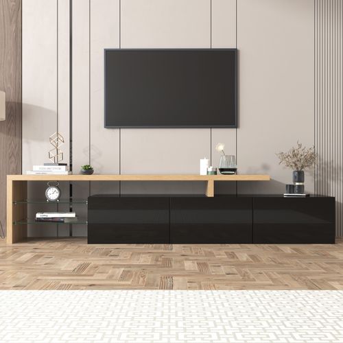 Meuble TV Avec Éclairage LED, 3 Portes Et Tablettes En Verre, Mdf E1, 197,5x39x42 Cm, Noir Et Bois