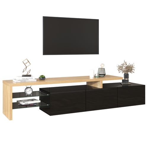 Meuble TV Avec Éclairage LED, 3 Portes Et Tablettes En Verre, Mdf E1, 197,5x39x42 Cm, Noir Et Bois