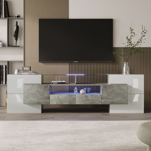 Meuble TV 200 Cm Avec LED Et Plateau En Verre - Design Moderne - Structure Mdf - Gris Et Blanc