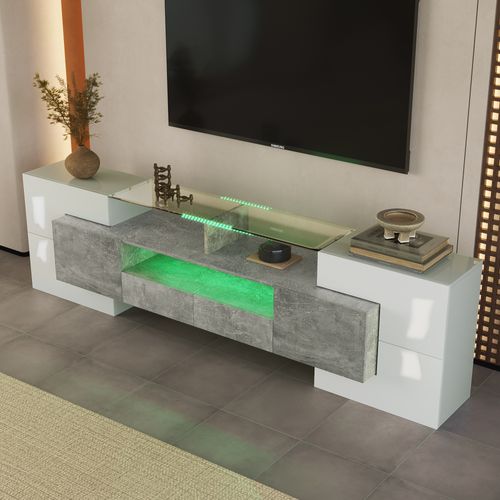 Meuble TV 200 Cm Avec LED Et Plateau En Verre - Design Moderne - Structure Mdf - Gris Et Blanc