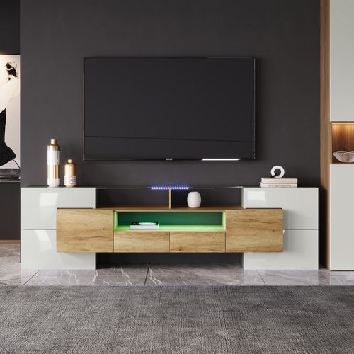 Meuble TV 200 Cm Avec LED Et Plateau En Verre, Design Moderne, Mdf, Naturel Et Blanc