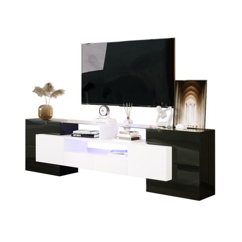 Meuble TV 200 Cm Avec LED Et Plateau En Verre, Design Moderne, Mdf, Noir Et Blanc Brillant