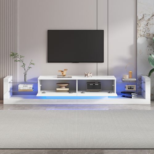 Meuble TV Blanc Brillant Avec LED, 2 Tiroirs Rabattables, Façade En Verre, Panneau De Particules