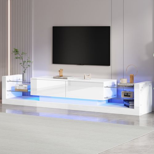 Meuble TV Blanc Brillant Avec LED, 2 Tiroirs Rabattables, Façade En Verre, Panneau De Particules