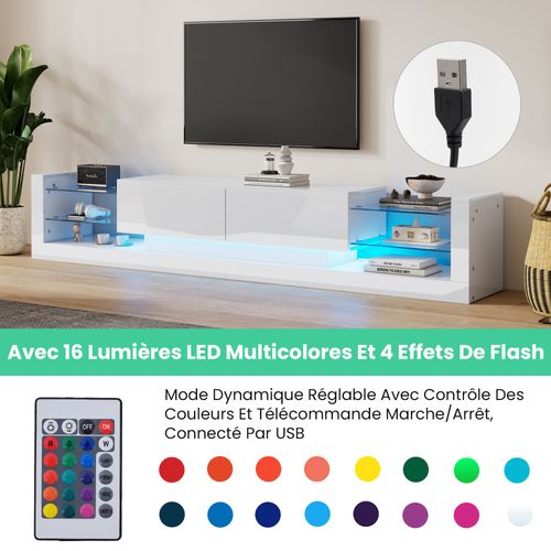 Meuble TV Blanc Brillant Avec LED, 2 Tiroirs Rabattables, Façade En Verre, Panneau De Particules
