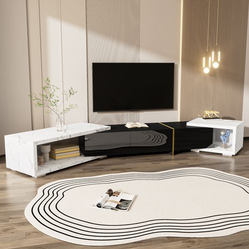 Meuble TV Rotatif, Marbre Blanc, Finition Noire Mate, Mdf Et Contreplaqué