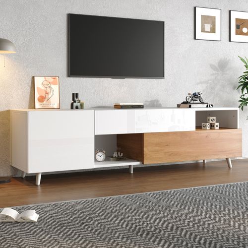 Meuble TV Avec 1 Tiroir, 2 Étagères Ouvertes Et Armoires, Compatible TV 65–75 Pouces, Blanc Et Bois