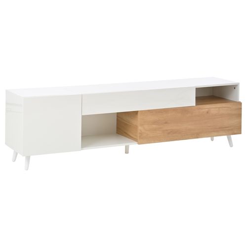 Meuble TV Avec 1 Tiroir, 2 Étagères Ouvertes Et Armoires, Compatible TV 65–75 Pouces, Blanc Et Bois