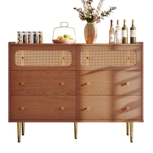 Buffet Rangement 6 Tiroirs Style Contemporain Bois Massif Aggloméré Poignées Métal Brun