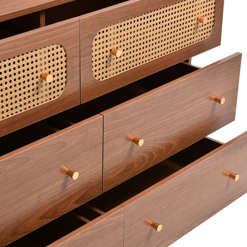 Buffet Rangement 6 Tiroirs Style Contemporain Bois Massif Aggloméré Poignées Métal Brun