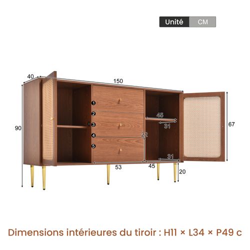 Buffet Rangement 3 Tiroirs 2 Portes Bois Massif Métal Étagère Réglable Brun
